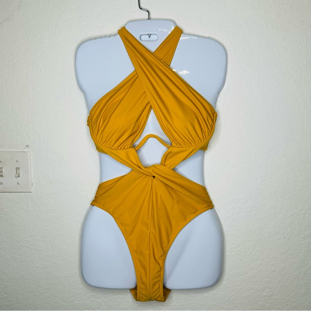 Andrea Iyamah Mustard Twist One Piece Swimsuit